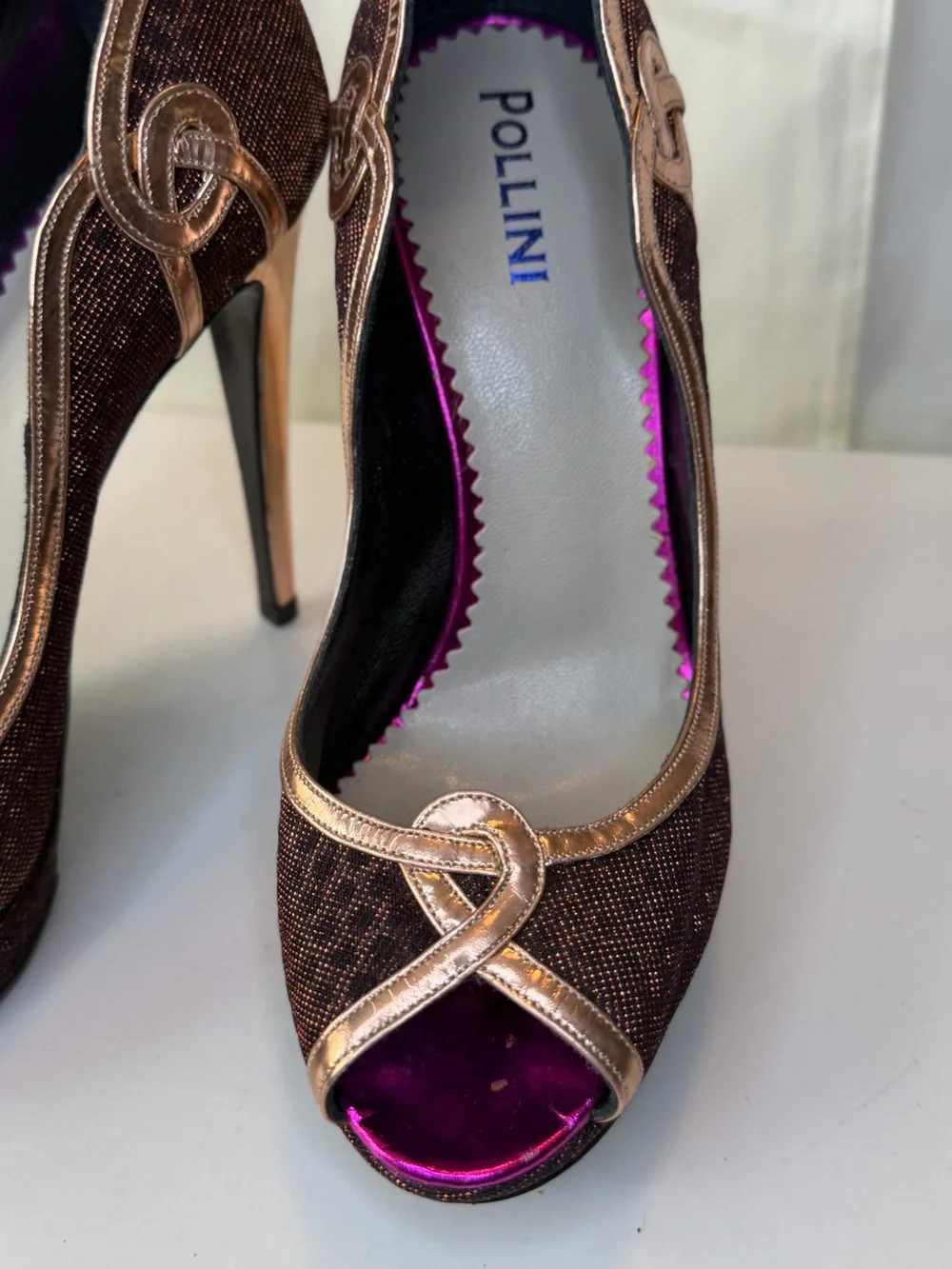Pollini Brown Pumps with Rose Gold Trim and Purple Insole